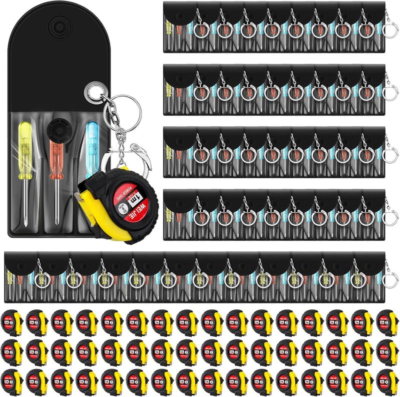 Jutom 96 Pcs Mini Tape Measure Keychain Bulk Mini Screwdriver Keychain Set Adult Tool Party for Men Valentine's Day Gifts - Image 1